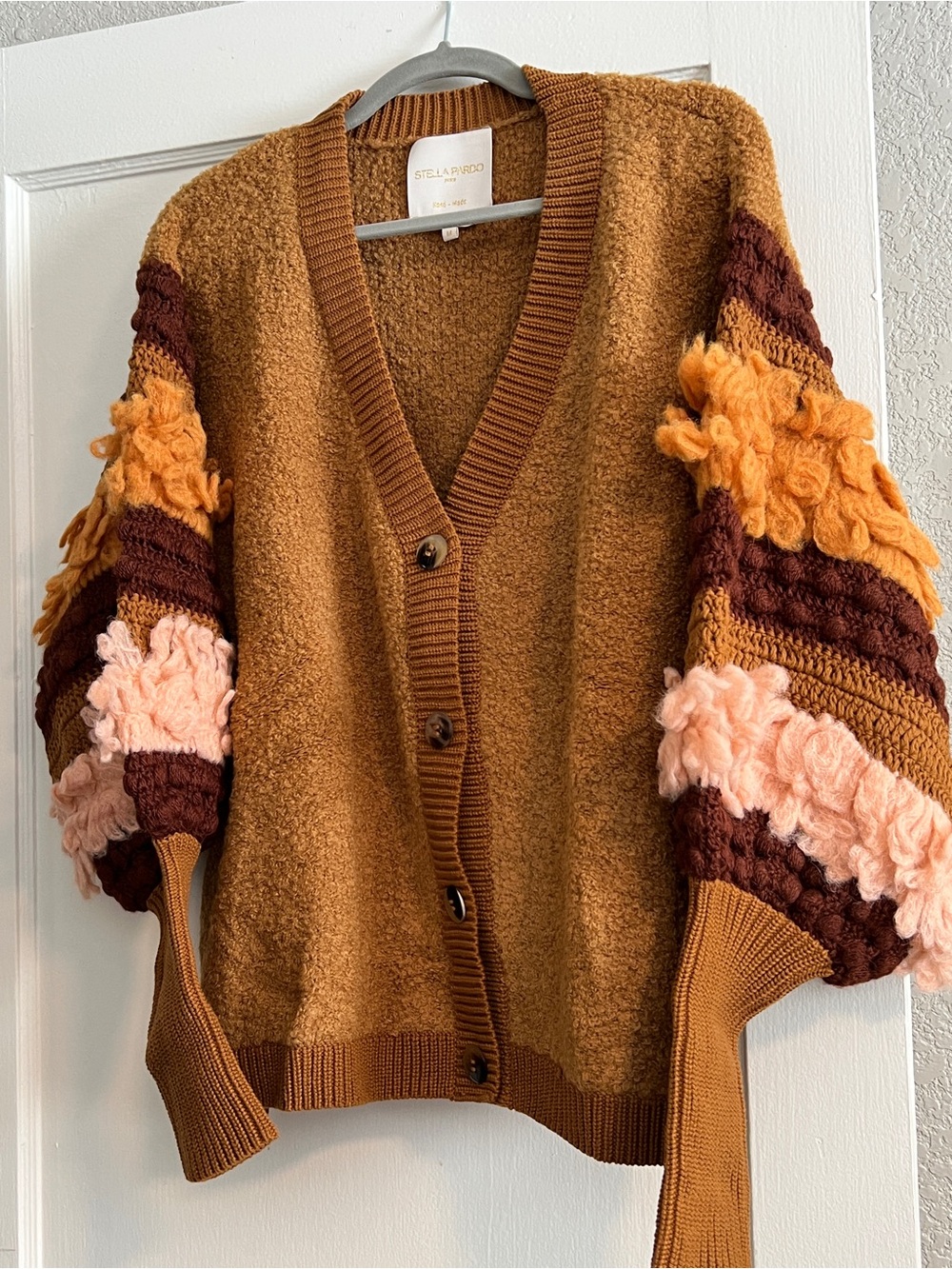 Caramel Bouclé Button-Front Handmade Cardigan with Textured Puff Sleeves